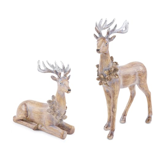 Melrose Glittered Deer with Wreath Figurines Set